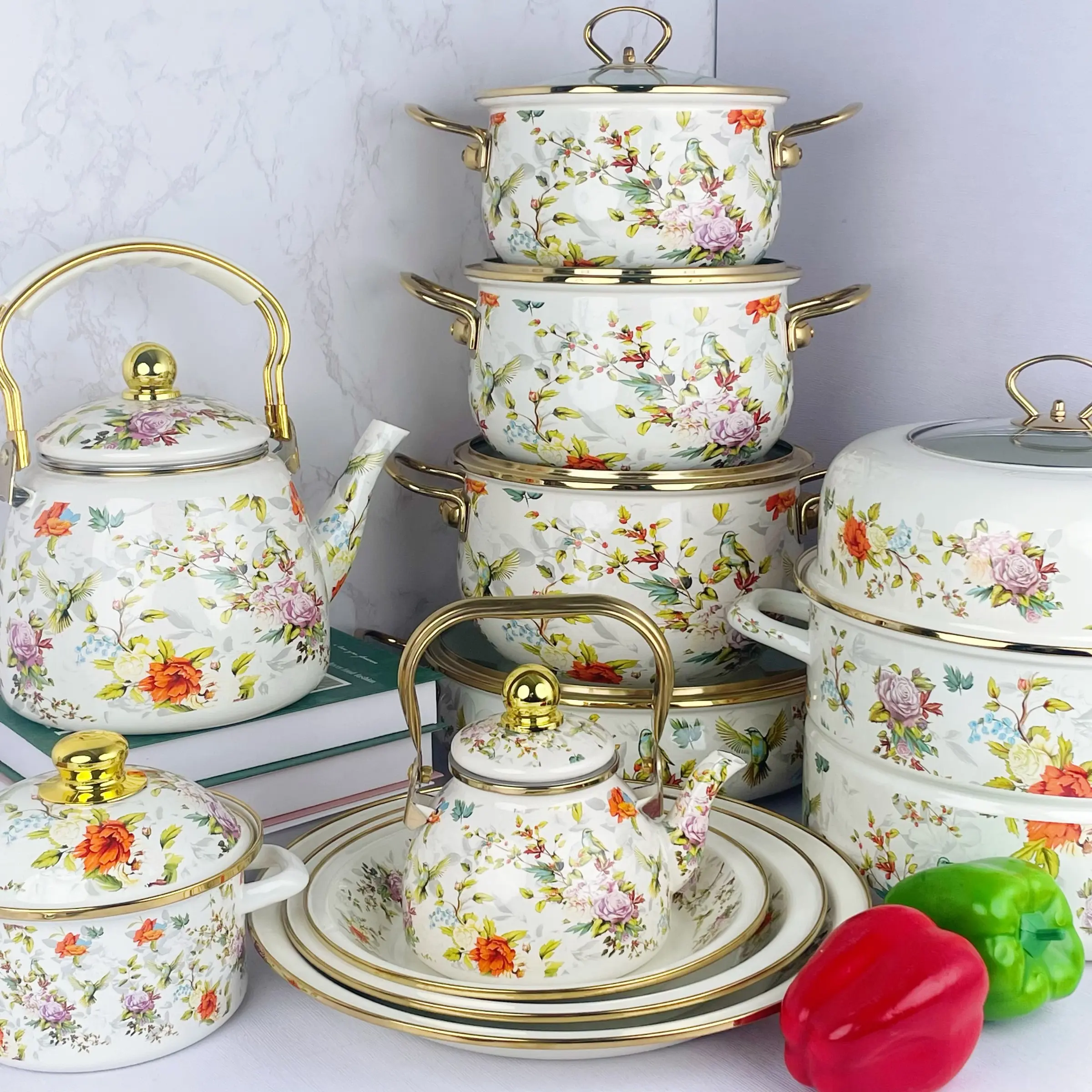 Enamel Soup Pot, Kitchen Cookware, Enamel Double-layer Steamer of The Same Series, with Multiple Specifications to Choose, Perfect For Stews, Braising & Steaming, Works On Induction/Gas/Electric, Cookware Steam Pot, Flower Pattern Stockpot