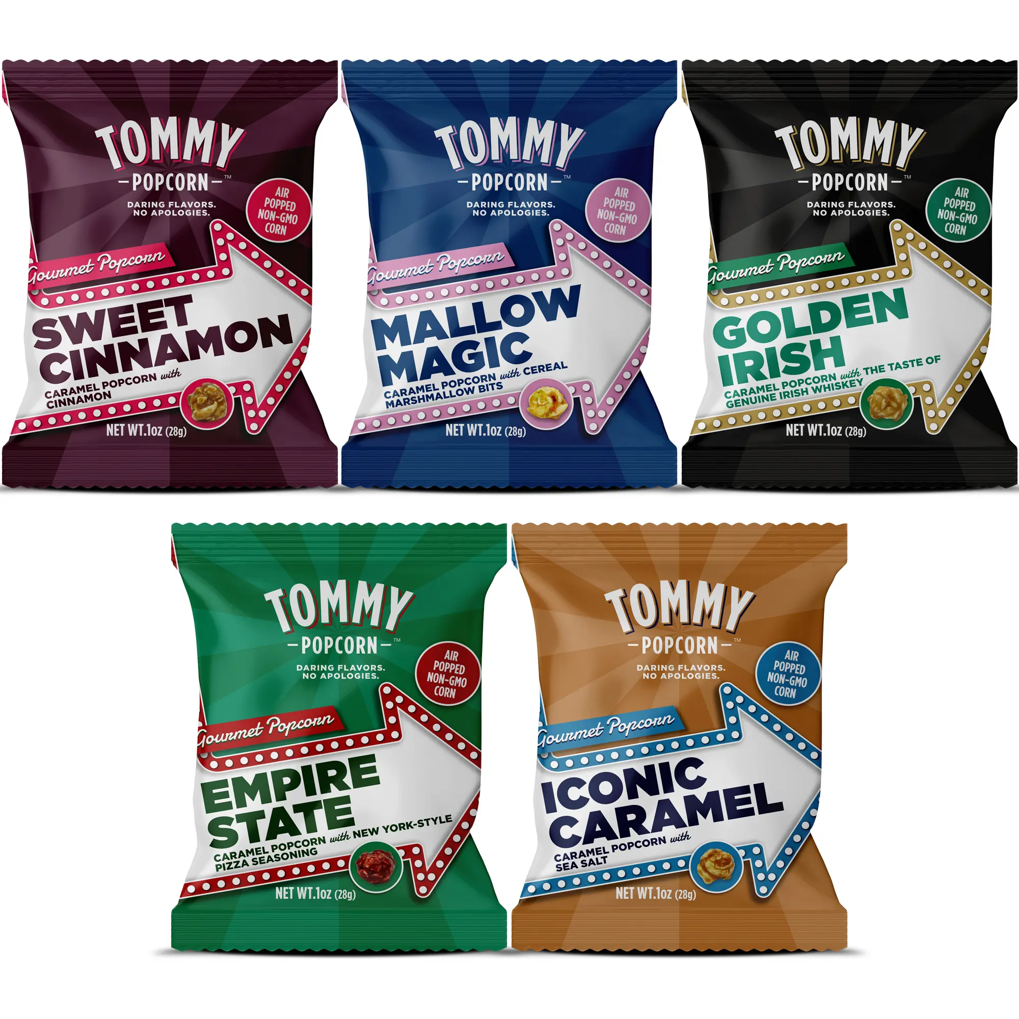 Gourmet Popcorn Snack Pack - 5 Flavors: Pizza, Whiskey, Marshmallow Cereal, Cinnamon & Caramel | Movie Night Treat