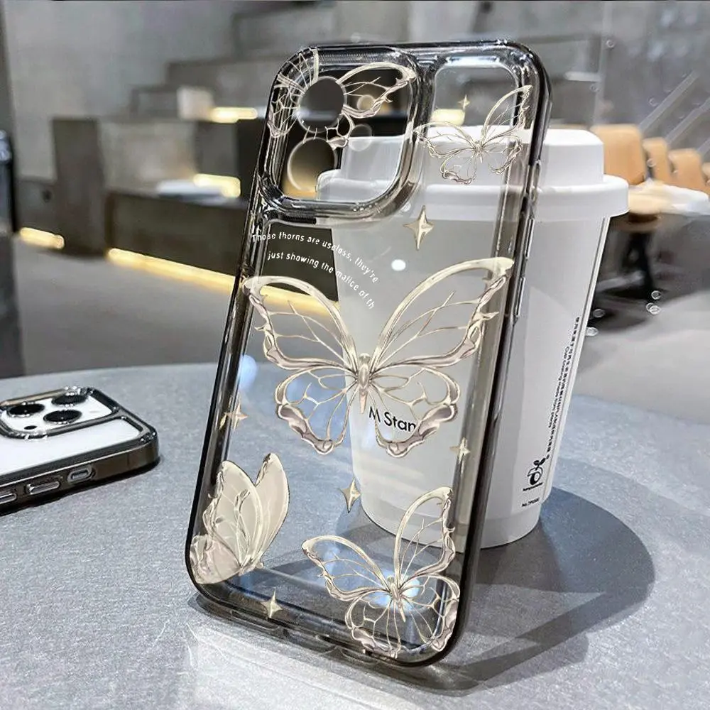 TPU Gold Butterfly Shockproof Case - Transparent Soft Cover, Fits iOS, Multiple iPhones Including 7 Plus, 8 Plus, XR, X, XS Max, SE 2022, 11, 12, 13, 14, 15, 16, 16e, 17 Pro Max - Mobile Phone Accessory