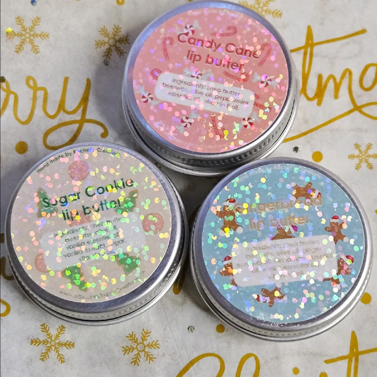 Holiday Lip Butters, Sugar Cookie, ginger bread, and candy cane Skincare Spice Winter Comfort