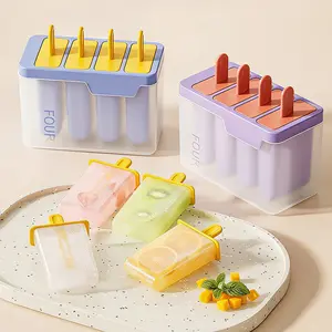 4‑Cavity Popsicle Molds with Cover, Food Grade DIY Ice Cream Mold, Household Reusable Ice Pop Maker Mould, Easy Release Homemade Frozen Treat Mold for Kids Summer Fruit Juice Yogurt Popsicles