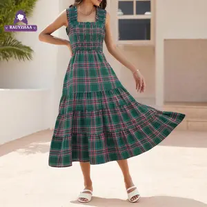 Women Sleeveless Dress Summer Casual Plaid Print Ruffled A-Line Party Dress for Beach Club Streetwear Cotton Fashion