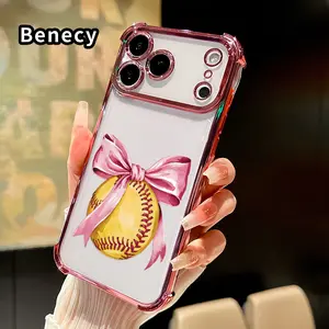 Compatible with iPhone 17 Pro Max 16 15 Plus Air 14 13 12 11 E Case Softball with Bow Pattern Four Corner Drop Resistant Electroplated Transparent TPU Soft Trendy Cover