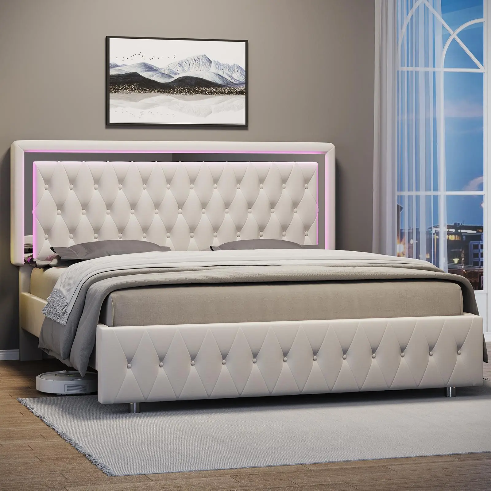 [Brandday][Memorialday] AMERLIFE Modern Bed Frame with RGB LED Lights, Adjustable Headboard Velvet Button Tufted/Acrylic Mirror Accents/Smart APP&Remote Control/No Box Spring Needed/Furniture Room/Full/Queen Size/Best Gift Ideas/Christmas Gifts