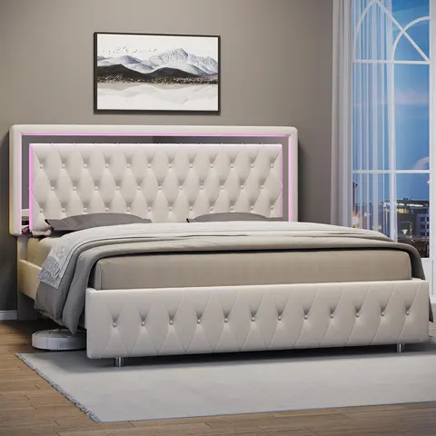 AMERLIFE Modern Bed Frame with RGB LED Lights, Adjustable Headboard Velvet Button Tufted/Acrylic Mirror Accents/Smart APP&Remote Control/No Box Spring Needed/Furniture Room/Full/Queen Size/Best Gift Ideas/Christmas Gifts[TikTokShopFallDealsForYou]