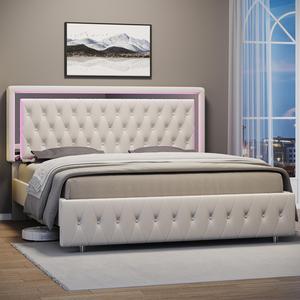 [Summergarden][Fathersdaygift] AMERLIFE Modern Bed Frame with RGB LED Lights, Adjustable Headboard Velvet Button Tufted/Acrylic Mirror Accents/Smart APP&Remote Control/No Box Spring Needed/Furniture Room/Full/Queen Size/Best Gift Ideas/Christmas Gifts