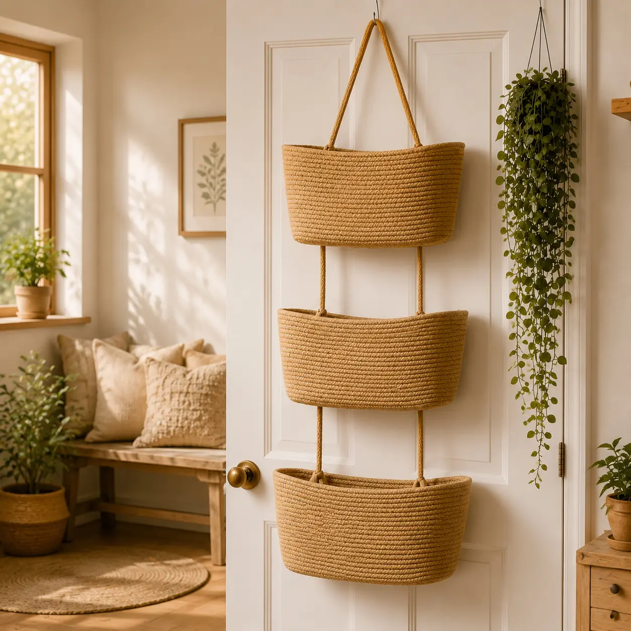 Woven cotton 3-Tier Over the Door Basket, Wall-Mounted Jute Bathroom Storage Organizer,Decorative Nursery Baskets, Perfect for Busy Mom/Dad to Store Diapers & Toys small basket Gift Hook laundry basket house organizers