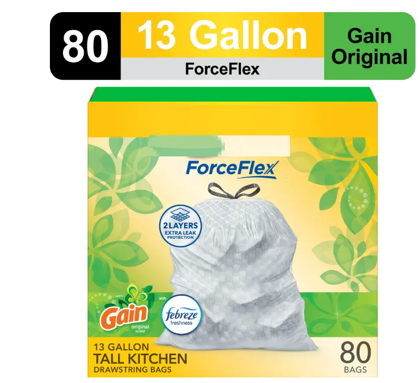 ForceFlex Tall Kitchen Drawstring Trash Bags, 13 Gallon, Gain Original with Febreze Freshness, 80 Count