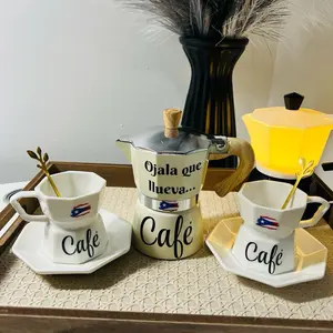 Coffee Set with Puerto Rican Greek-style Design Featuring 'Ojala que llueva' Moka Pot and 'Cafe' Cups