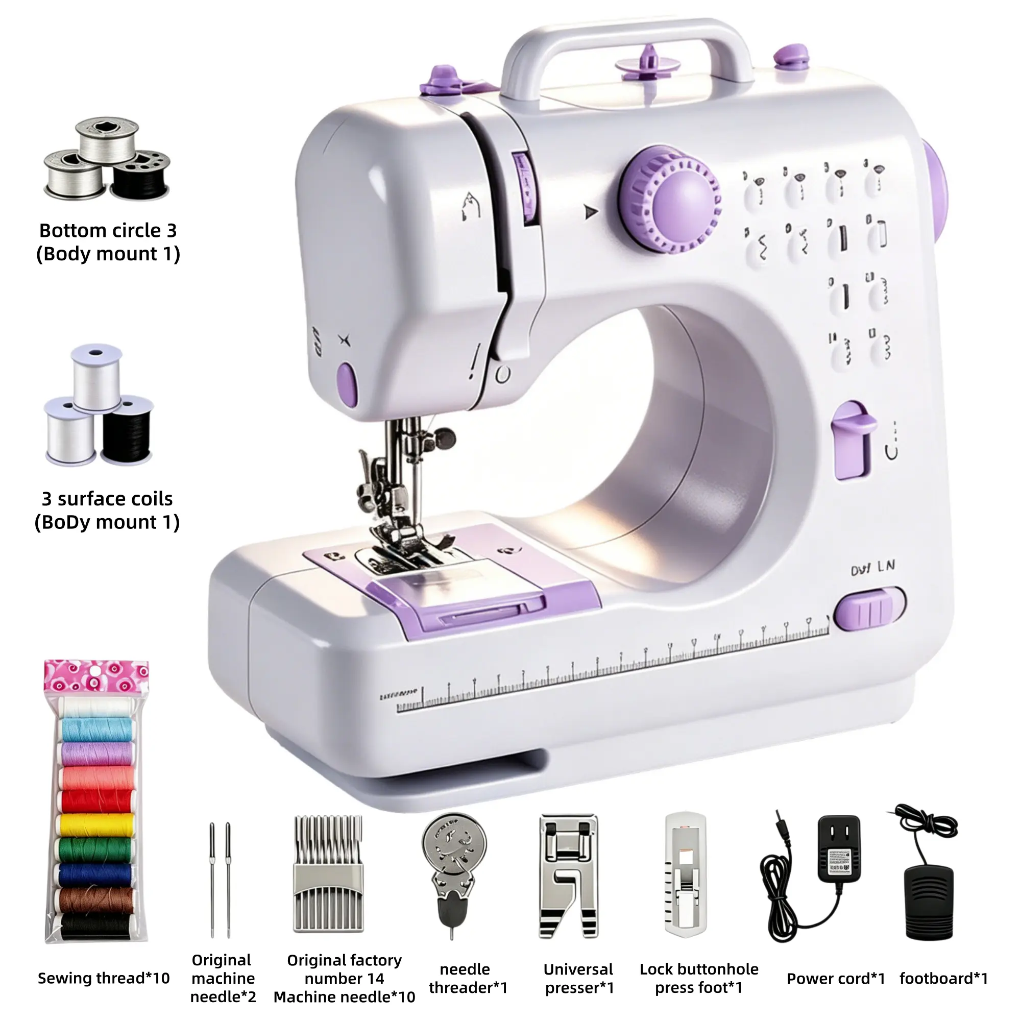 Portable Electric Sewing Machine for Beginners, 12 Built‑in Stitches, 2‑Speed Adjustable with Reverse Sewing, LED Light, Foot Pedal, Comes With Complete Sewing Accessories, Household DIY Craft Clothes Mending Sewing Tool