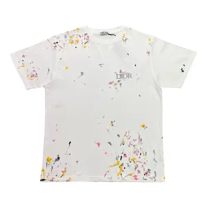 Dior Embroidered Logo Paint Splatter Short Sleeve Tee Shirt White Multi