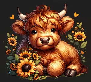 Highland Cow Theme Ready-to-Press DTF Heat Transfer - DTF Transfers for Cotton, Polyester, Requires Firm Pressure with 300-320°F and 270-290°F Application Settings