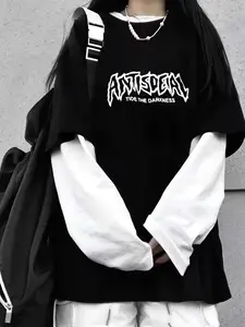 Women's Asymmetrical Long Sleeve T-Shirt, Casual Spring Fall Letter Print Top, All-Season Fitted Daily Wear, Versatile, Everyday