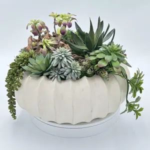 Succulent Design in Off-White Circular Textured Wood Vase | Faux Succulent Floral Arrangement for Desk or Living Room Decor | Centerpiece Flowers