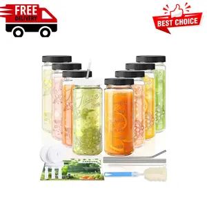8 Pack 16oz Glass Juice Bottles with Lids - Juicing Bottles