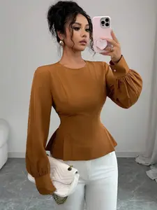 1 Caramel Brown Crew Neck Waist-Cinched Ruffled Long-Sleeve Top, Blouse, Retro Style, Slim-Fit Cut Pearl-Accented Cuffs Pleated Hem Detail, Ideal for Women Who Prefer Sophisticated Outfits, Suitable for Fall & Winter, Perfect for Home, Indoor & Outdo