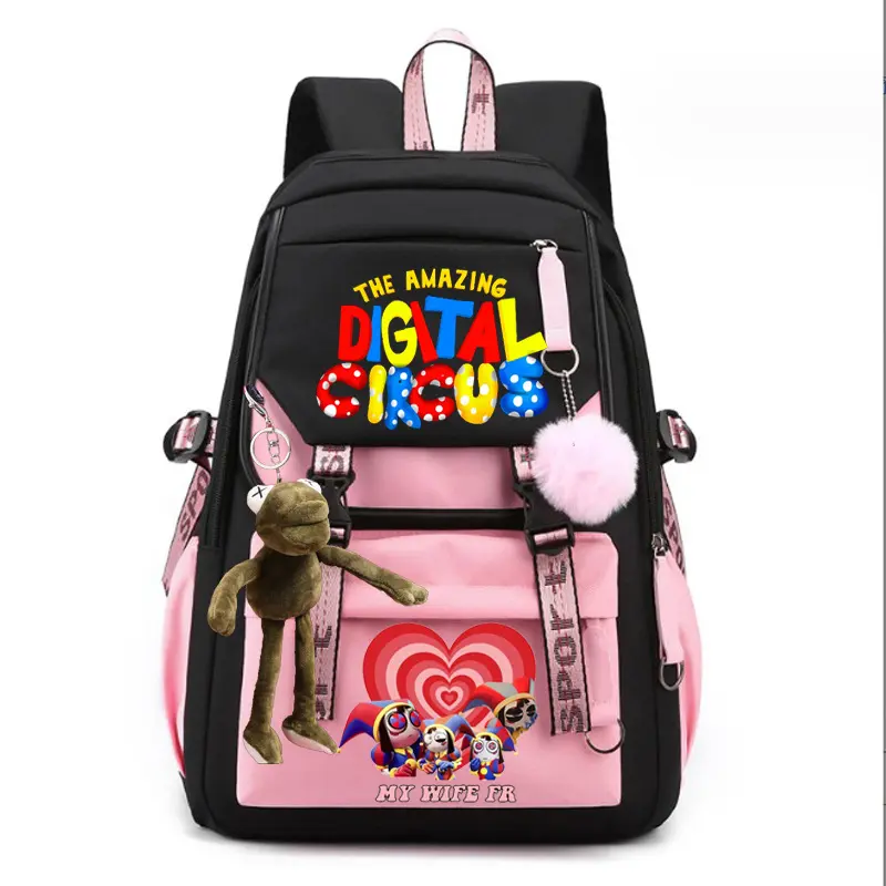 Cartoon Clown Circus Pattern Backpack With Plush Pendant, Large-Capacity Casual Backpack, Black and Pink Lightweight Bag, Suitable for School and Outdoor Travel