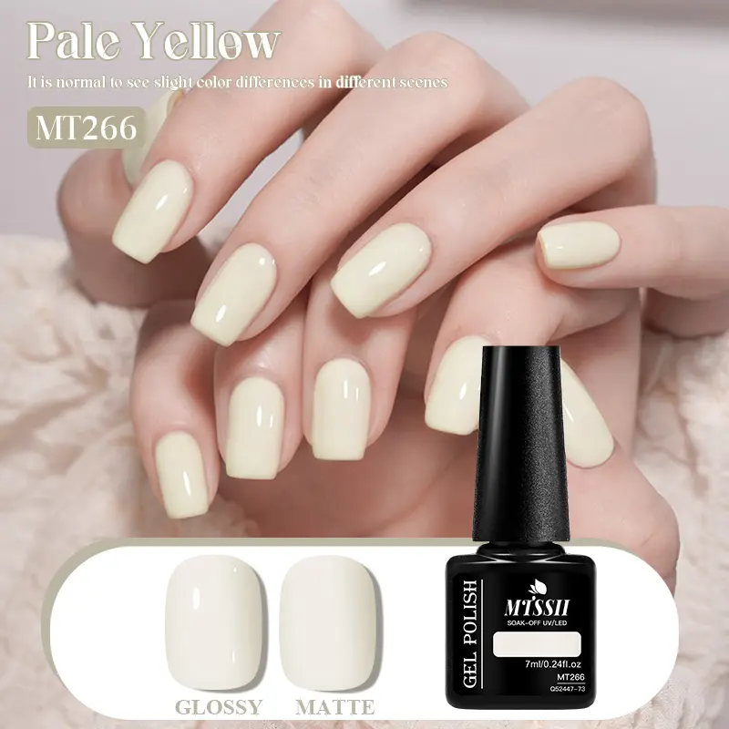 MTSSII 7ml Pale Yellow Gel Nail Polish, Fashionable Light Candy Dearm Color Semi Permanent Hybrid Gel Varnish Soak Off UV LED Nail Art Manicure