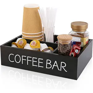 Coffee Bar Organizer – Wooden Coffee Station with 4 Compartments, Removable Dividers, and Condiment Storage for Home & Office