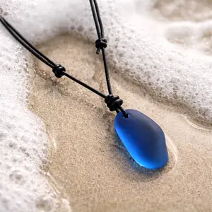Blue Sea Glass leather choker Necklace, coastal necklace