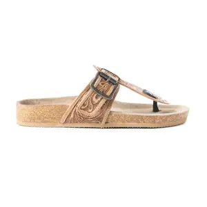 Myra Balinda Ridge Hand-Tooled Leather T-Strap Flats for Women - Western Embossed Sandals with Cushioned Sole for Daily Comfort