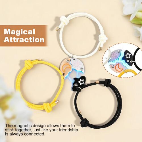 3-Pcs Sun, Moon, Star Magnetic Bracelet, BFF Puzzle Design Jewelry with Sequin Details, Ideal Friendship Gift for Sister & Best Friends, Graduation Back to School Gift