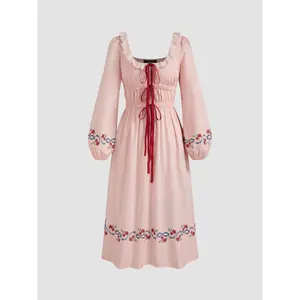 Cider [size 0-26] 100% Cotton Scoop Neckline Embroidery Shirred Knotted Midi Dress
