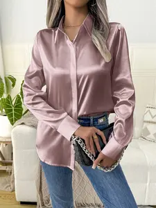 Elegant Lapel Satin Long Sleeve Women's Shirt, Front Button Design, Daily Fashion Office Wear,