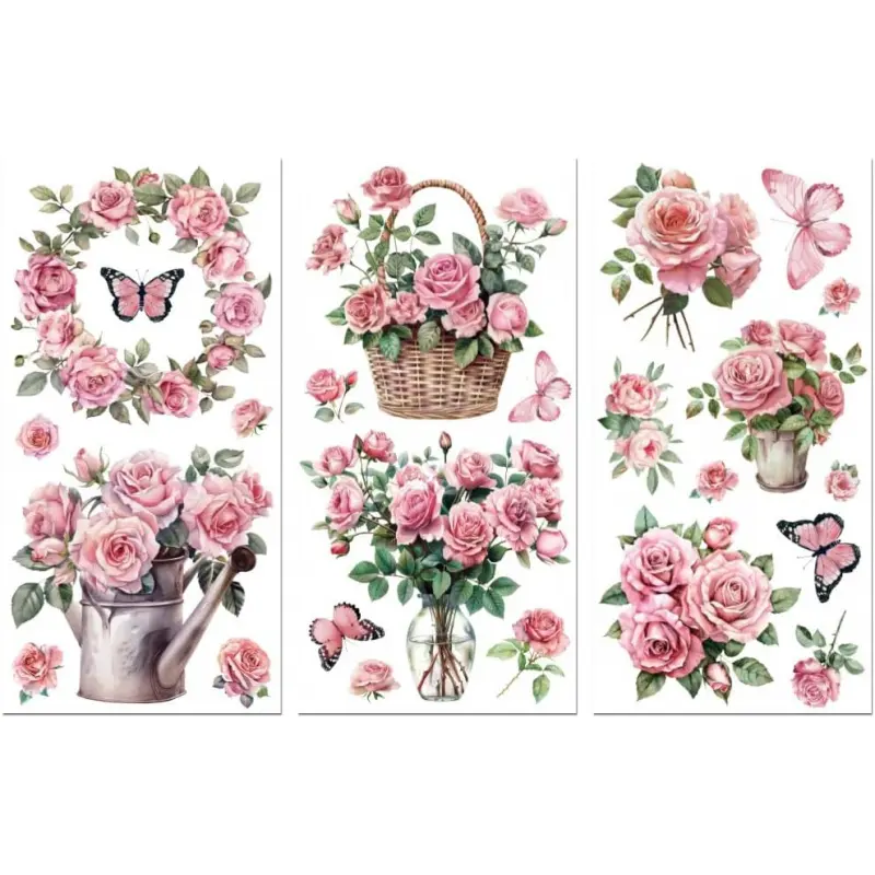 Rub on Transfer Decals for Furniture Crafts Decor 6"x12", 3Pcs Pink Roses Waterproof UV DTF Transfer Decals Sticker for Dresser Lingerie Chests Drawer Glass Porcelain  Plastic