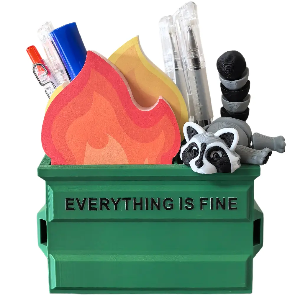 Dumpster Fire Pen Holder Set with 300 Sticky Notes & Cute Raccoon - Funny Office Organizer Desk Decor, Hilarious White Elephant Gifts for Coworker, Boss, Women & Men