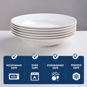 White Dinner Plates Set of 6 9 Inch Round Dishes Microwave Oven Safe Scratch Resistant Smooth Glaze for Family Dinners