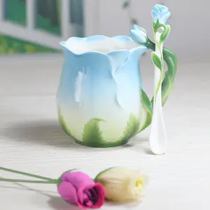 320ML Ceramic Tea Cup Set with Spoon, Creative 3D Rose Design, Farmhouse Style, 4 Colors Available, Elegant High-Value Mug