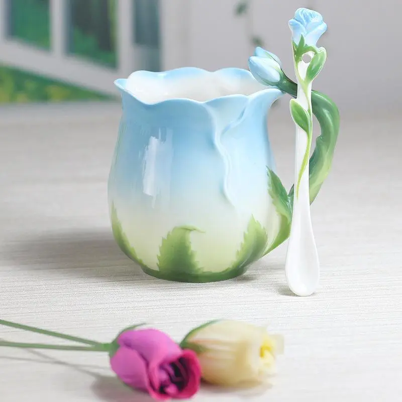 320ML Ceramic Teacup Set with Spoon, Creative 3D Rose Design, Farmhouse Style, 4 Colors Available, Elegant High-Value Mug, Ceramic Beverage Cup