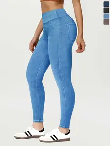 Women's High Waist Denim-effect Sports Leggings, Casual Comfy Breathable Skinny Pants for Yoga Gym Workout Running, Ladies Sportswear for All Seasons, Womenswear, Skinny Yoga Bottoms
