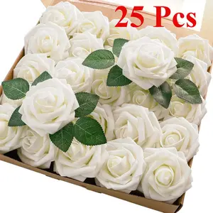 25 Pcs Artificial Flowers Real Looking Ivory Foam Fake Roses with Stems for DIY Wedding Bouquets White Bridal Shower Centerpieces Arrangements Party Tables Decorations