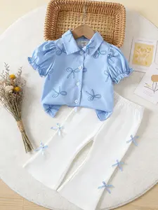 Baby Girl Korean Style Cute Adorable Playful Summer Butterfly Pattern Print Short Sleeve Collared Shirt and Woven Car Butterfly Bell Pants Set Outfit