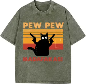 Pew Pew Madafakas Funny Cat Graphic T-Shirt - Crew Neck Casual Polyester Tee - Animal Print with Slight Stretch Fabric - Short Sleeve Regular Length - Knit Summer Top No Detail Pullovers