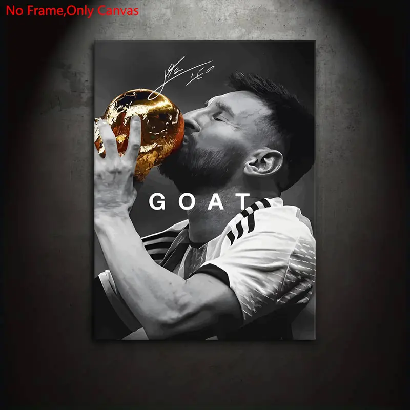 1 piece/set frameless canvas print poster, Print Design, Canvas Prints, classic realistic style art, Athlete art, Lionel Messi kissing the championship trophy, ideal gift for football culture enthusiasts, home wall decor