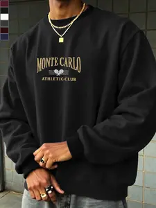 Men's Monte Carlo Athletic Club Graphic Sports Fitted Sweatshirt, Long Sleeve, Text & Tennis Racket Pattern, Soft Comfortable Fabric, Casual Streetwear, Graphic Sweatshirts