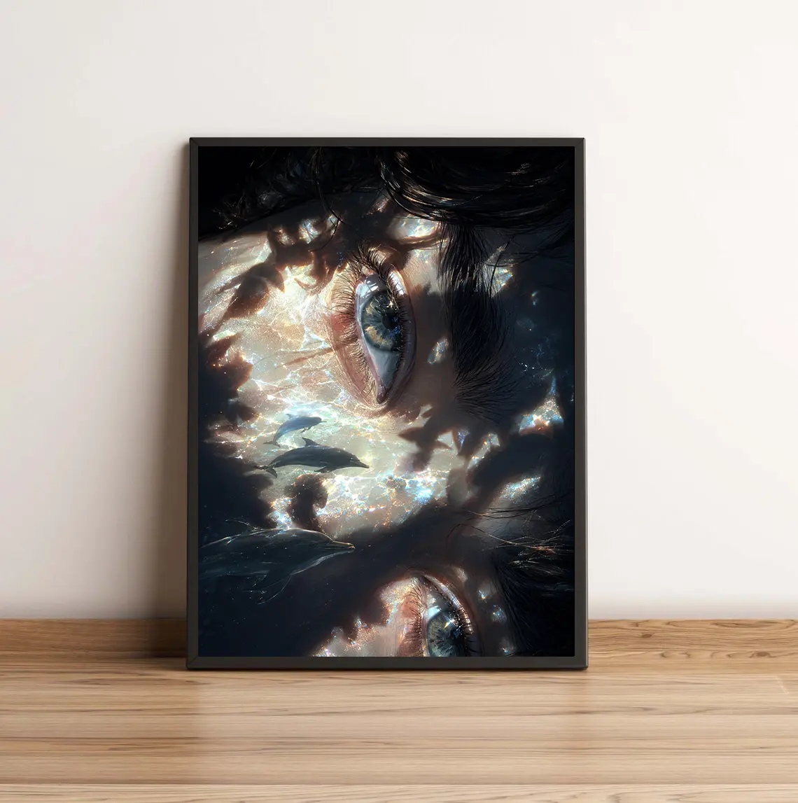Ethereal Underwater Eyes & Dolphins Poster – Surreal Aesthetic Wall Art