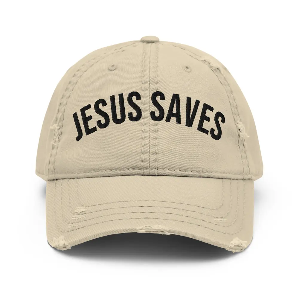 Jesus Saves Dad Hat with a Vintage Distressed Look, Christian Embroidered Cotton Twill Cap, Adjustable Unisex Fit for Gym Outfits & Church and Bible Study, Christian Streetwear, Hook And Loop