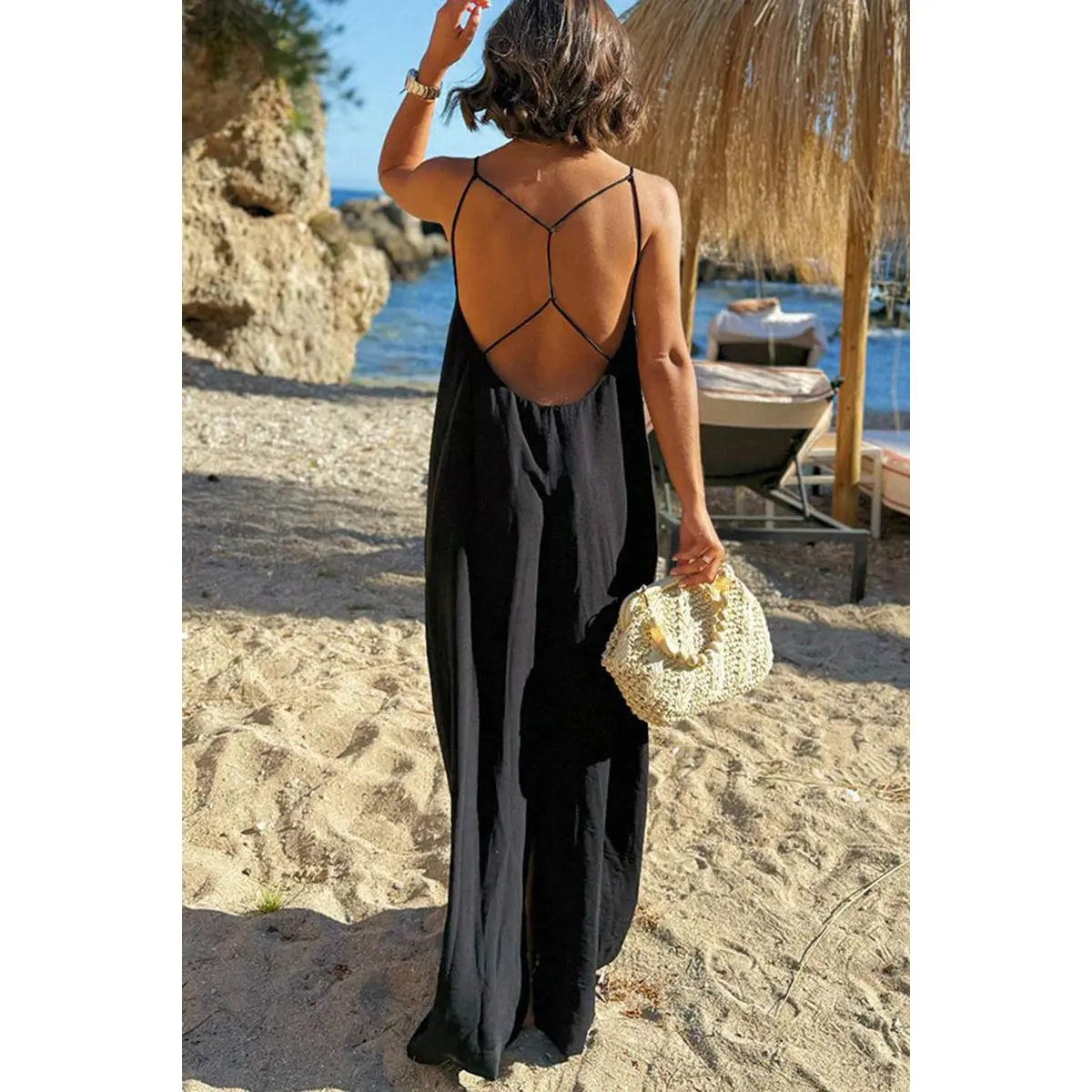 Women's Boho Backless Spaghetti Strap Dress, Sexy Sleeveless Long Vacation  Dress, Solid Color Flowy Resort Maxi - TikTok Shop