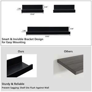 23.6" Black Floating Wall Shelf Unit - Corner Mounted with Invisible Brackets, Modern Wood Decoration & Organizer for Bathroom, Bedroom