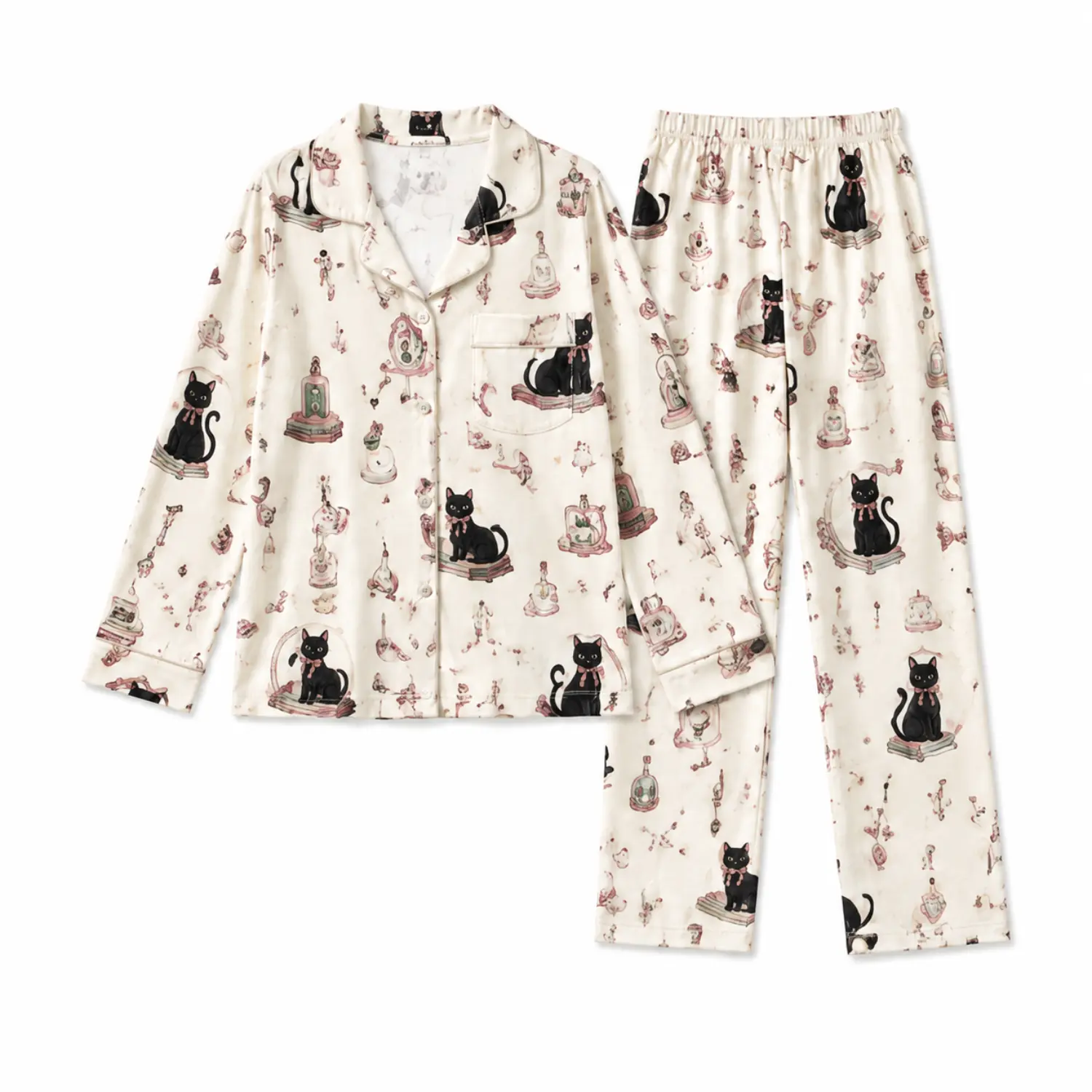 Cozy Autumn Winter Pajama Set with Cute Black Cat Vintage Print - Soft Loungewear for Warm, Comfortable Nightly Rest