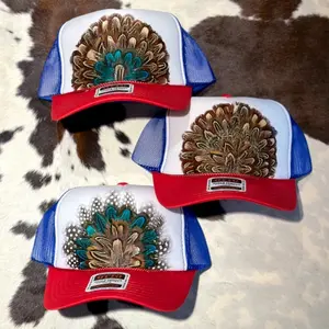 Otto Western Feather Crown Trucker Hat Red White and Blue - 1970s Inspired Semi-Structured Foam Hat with Unique Feather Design Snap Closure & Curved Visor