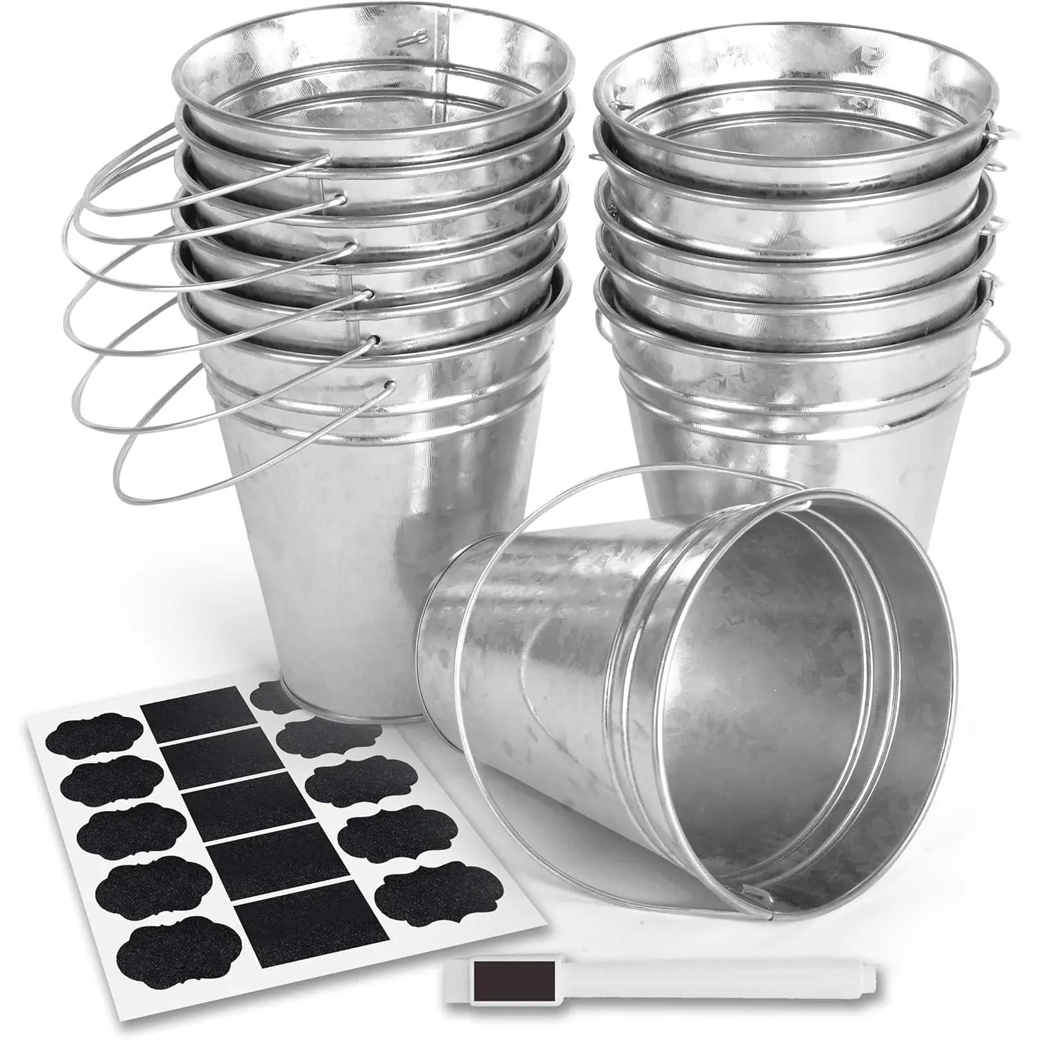 Galvanized Metal Bucket with Handle 12 count- Metal Buckets for Party, Tin Buckets with erasable Stickers and Chalk Marker  Bucket 4.7" W x 5" H x 2.7" L