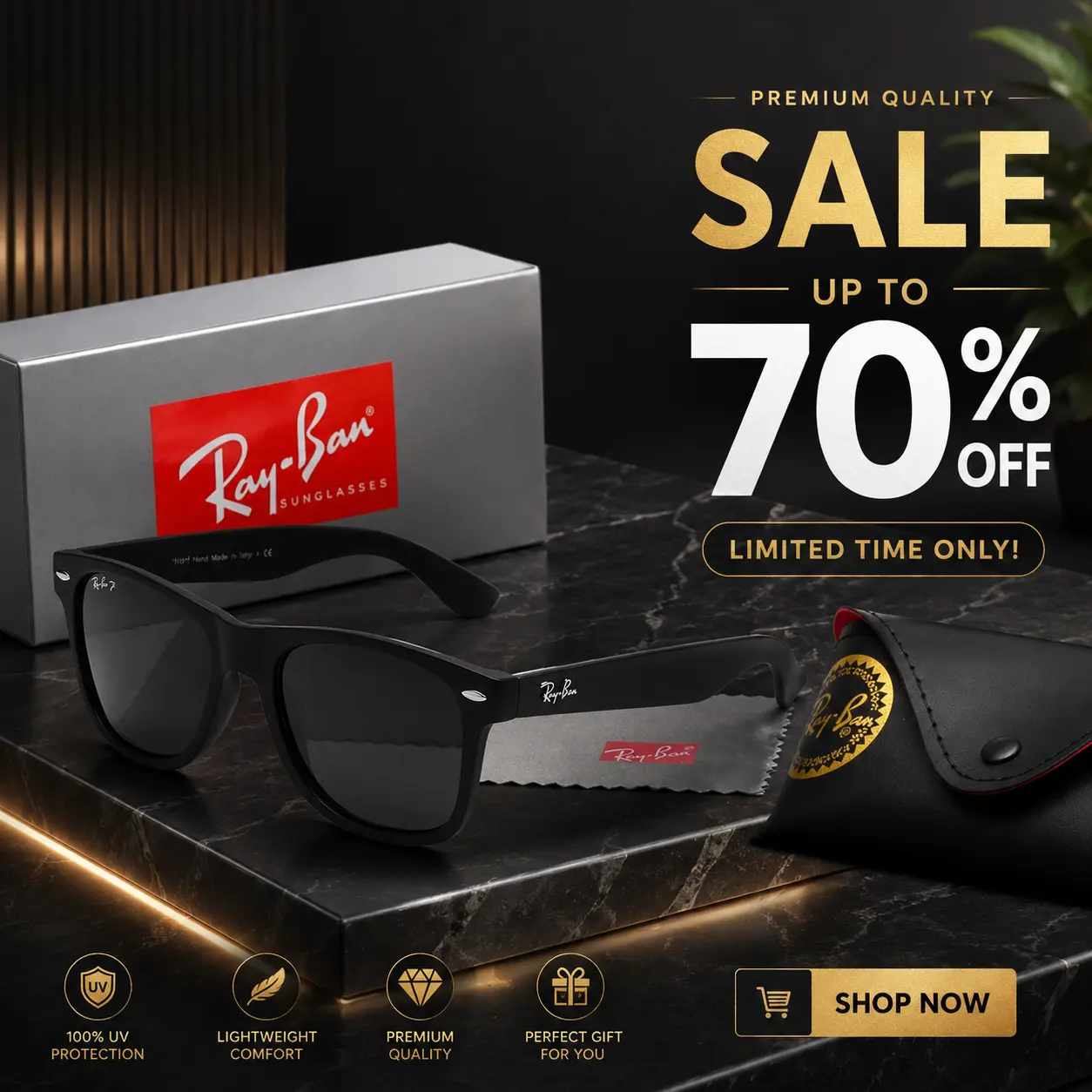 Ray-Ban Black Polarized Sunglasses – Glossy Frame with UV400 Lens Protection for Men & Women
