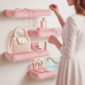 1PC Floating Plush Wall Shelves Pink Faux Fur Wall Mounted Display Racks with Heavy Duty Brackets – Decorative Storage Shelves for Bedroom, Living Room, Dorm, Makeup & Handbag Organizer, Easy Install, Soft Luxury Decor