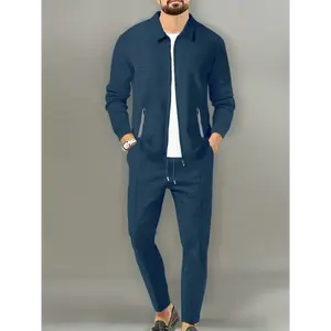 [2-Piece Breathable Comfy Outfit] Men's Casual 2-Piece Outfit, Solid Color Jacket & Drawstring Pants Set, Breathable Comfy Full Zip Jacket & Pants Set