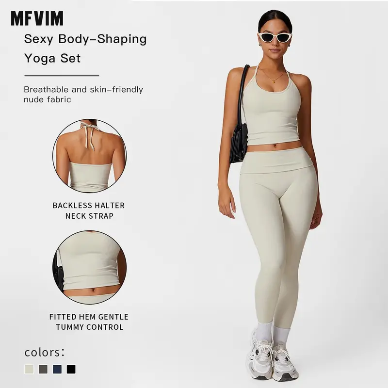 MFVIM Women's 2-Piece Solid Backless Halter Crop Top & Leggings Tracksuit Set - Gym Workout Clothes, Lightweight Breathable Stretchable Athleisure Activewear for Yoga, Running, Two Piece Set,travel essentials,camping essentials,sohochic